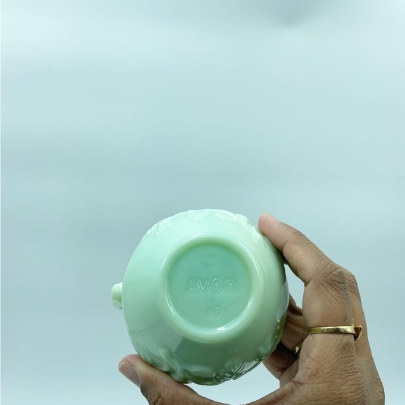 Vintage AVON Jadeite Green Milk Glass Jug Perfume Bottle Victorian Rose Pattern - Picture 8 of 8